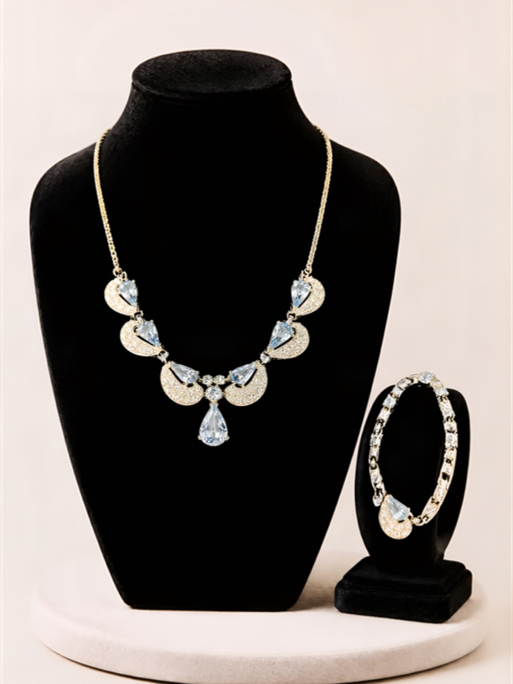 Vtg Signed BOGOFF Blue Rhinestone Necklace and Bracelet Set 1860